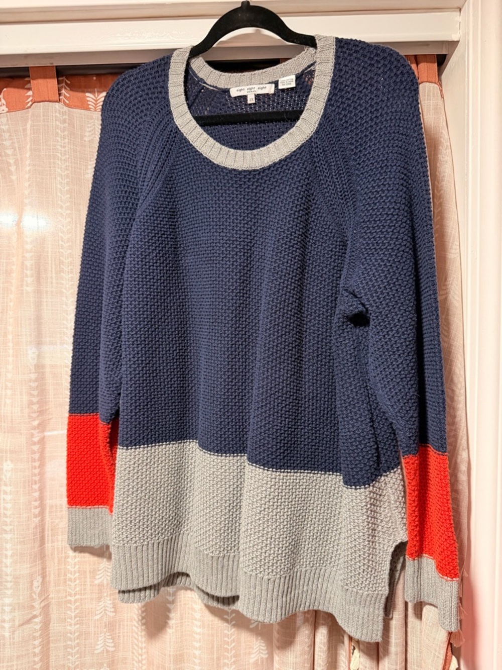 eight eight eight Navy Sweater with Gray Trim and Red/Orange Sleeve Blocks